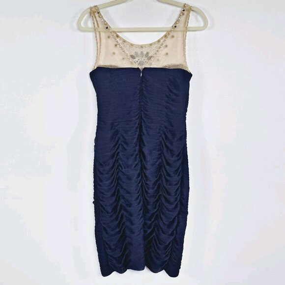 Adrianna Papell Illusion Bodice Jersey Sheath Dress Womens 6 Navy Mini Cocktail - Picture 3 of 16